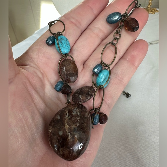 Boho neutral brown and turquoise colored stone style necklace - Picture 7 of 7